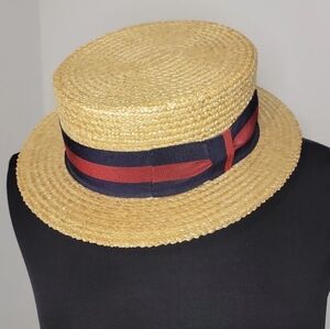 VTG Brooks Brother Straw Boater Hat with Navy and Red Ribbon